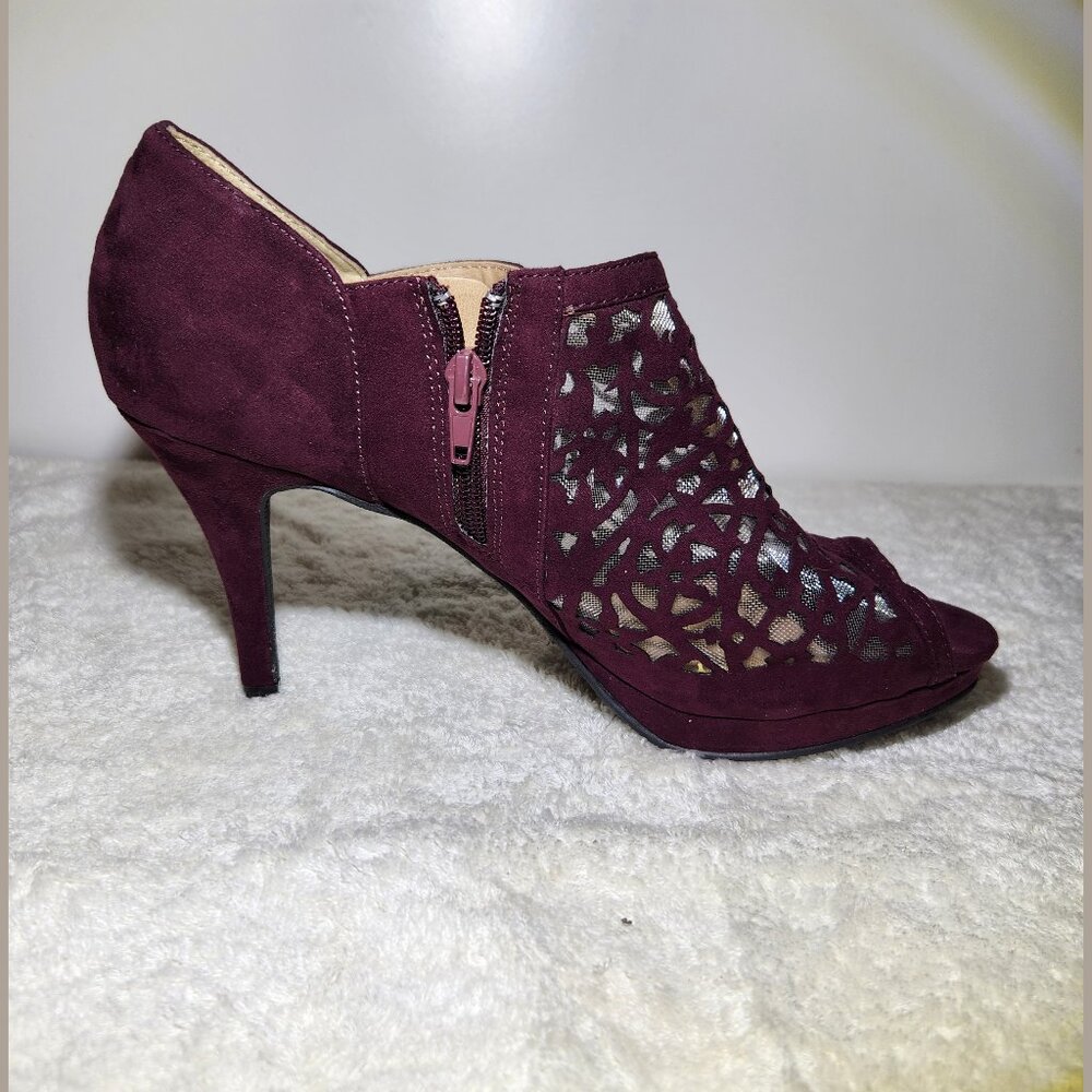 MICHAEL KORS BURGUNDY NWB 10B MICROFIBER OPEN-TOE CUT-OUT VAMP INSIDE ZIP PUMPS